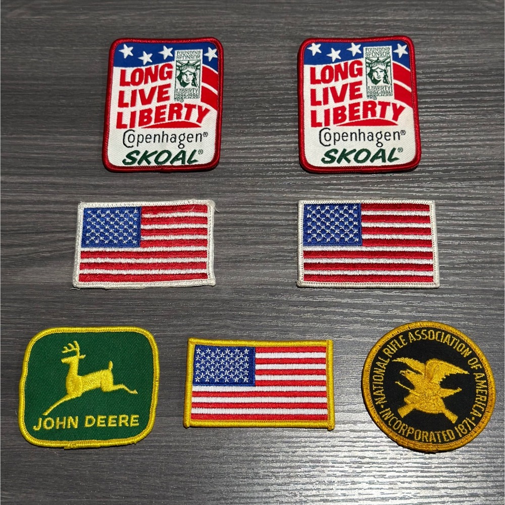 Vintage Patch Lot‎ 7pc Copenhagen Skoal John Deere NRA American Flag Embroidered